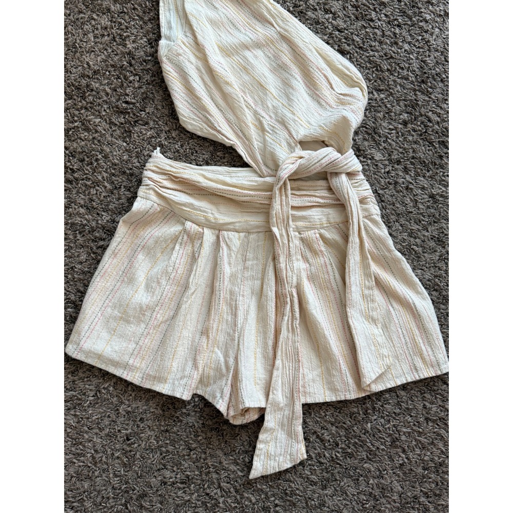 Free People One Shoulder Cutout Romper Cream Striped Boho Tie Waist Size 4 - Picture 4 of 9